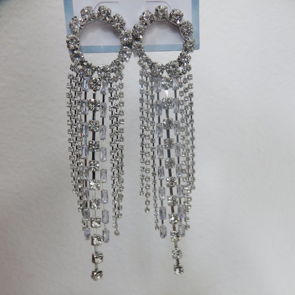(#L-1) bebe Rhinestone Silver Tassel Drop Dangle Earrings